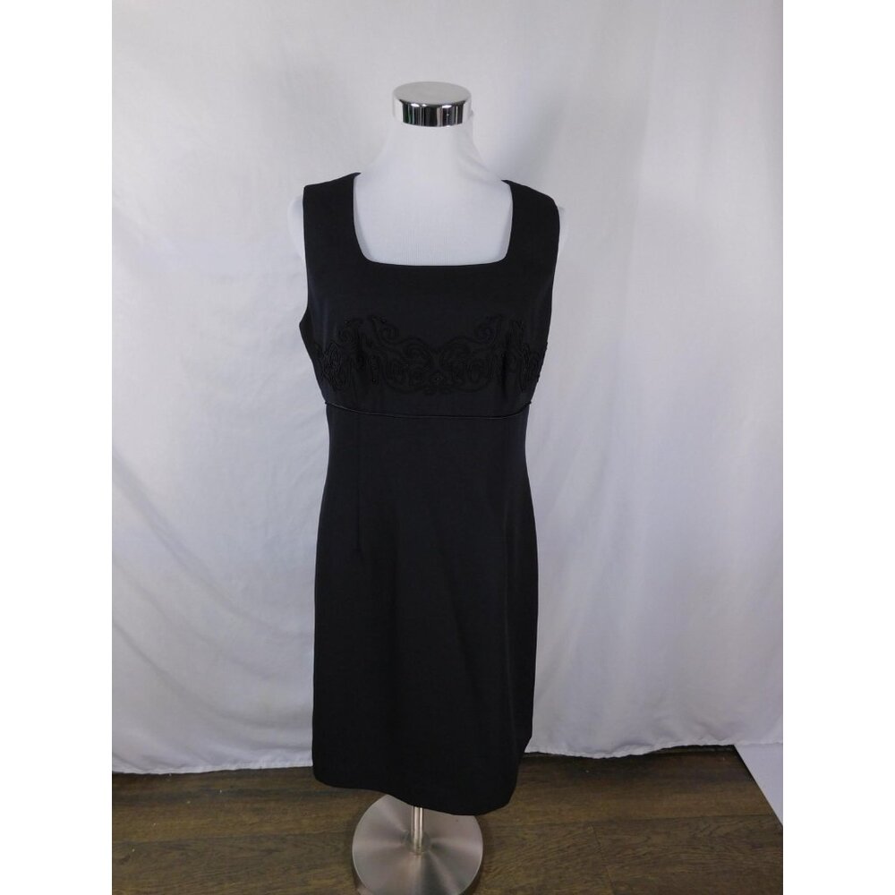Vintage John Roberts Black Embroidered Sheath Dress 10 Square Neck Cocktail
